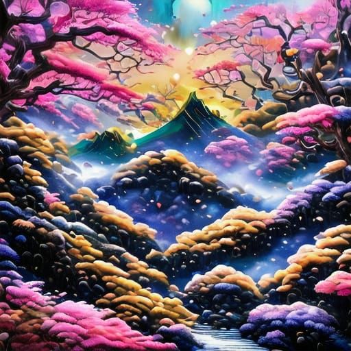 Japanese Garden Temple in Woodblock Print Style