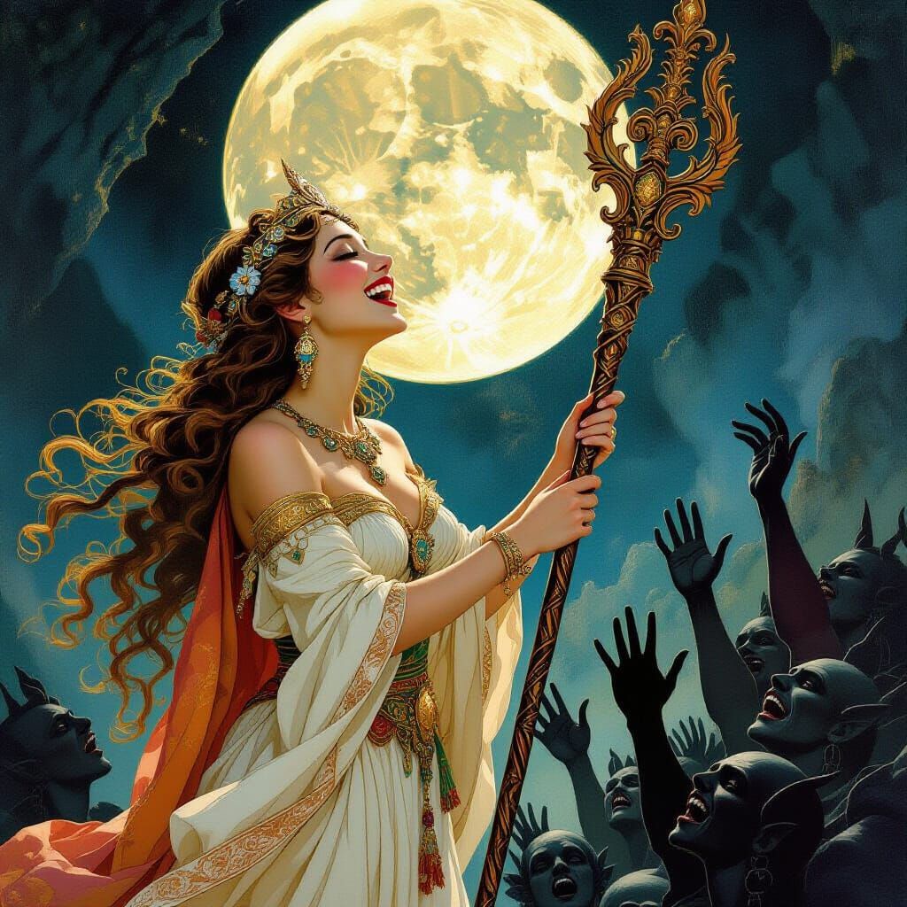 Mythological Goddess Laughs at Demons from Underworld in Tri...