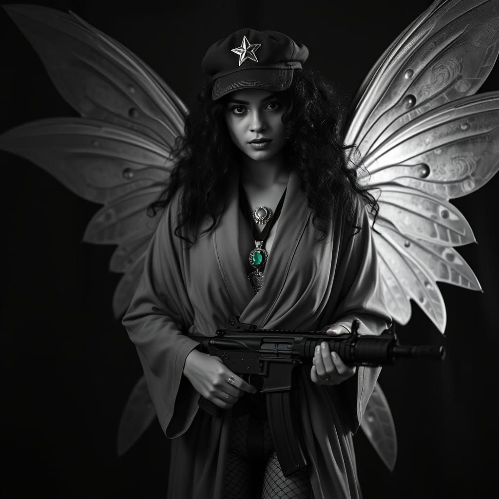 Fierce Latina Fairy Wields AK-47 in Dramatic Chiaroscuro Por...