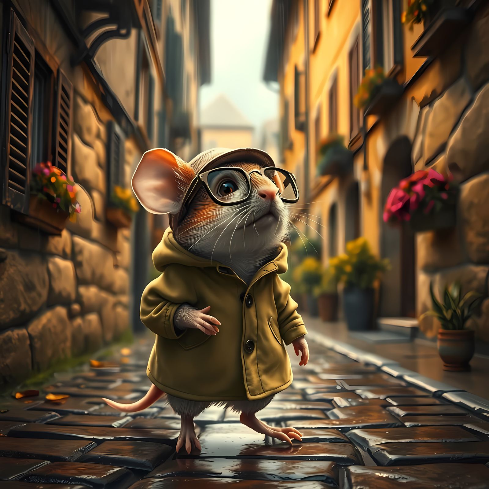 Mouse in Rainy Village Scene - Hyperrealistic Concept Art
