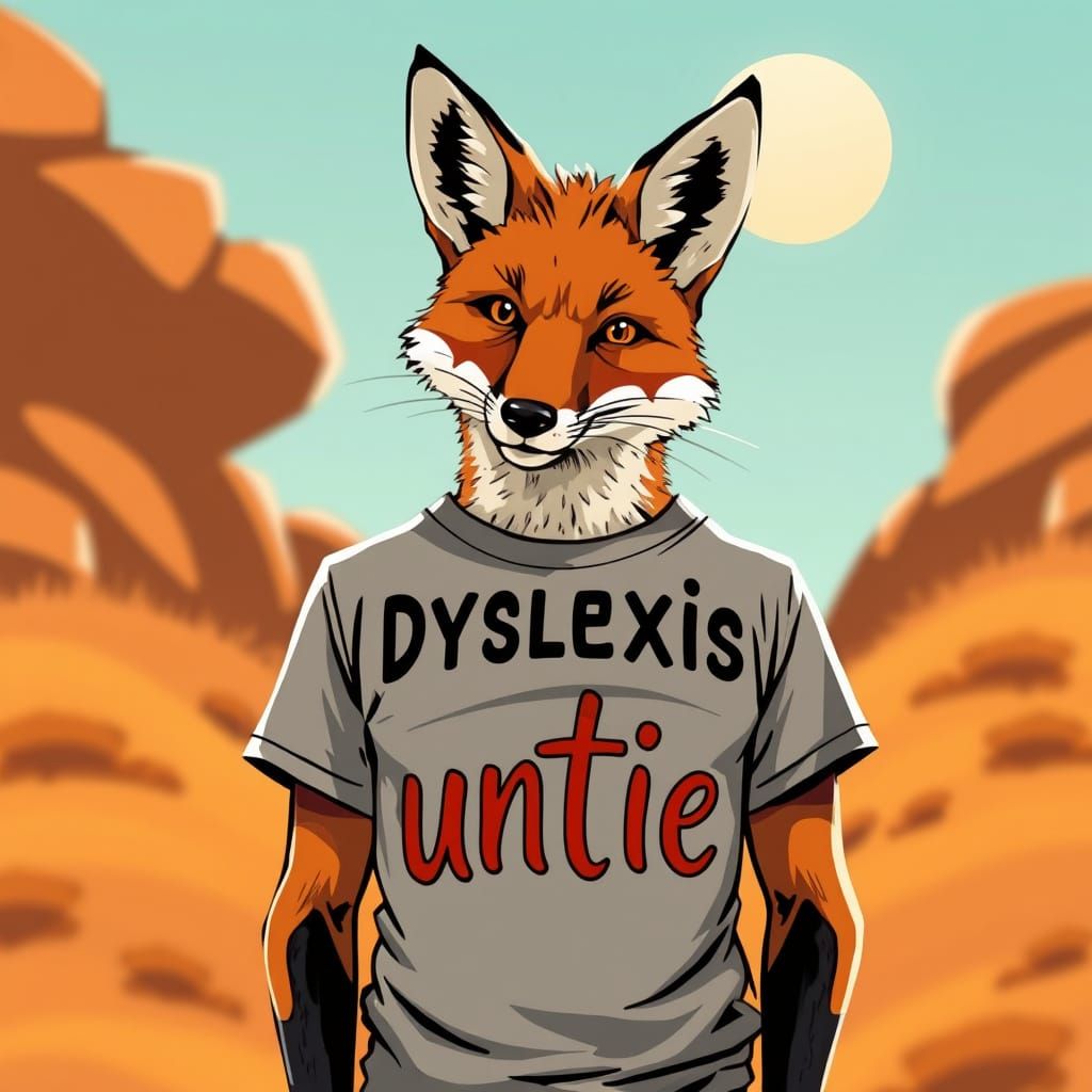 Fox wearing a t-shirt "Dyslexics untie"