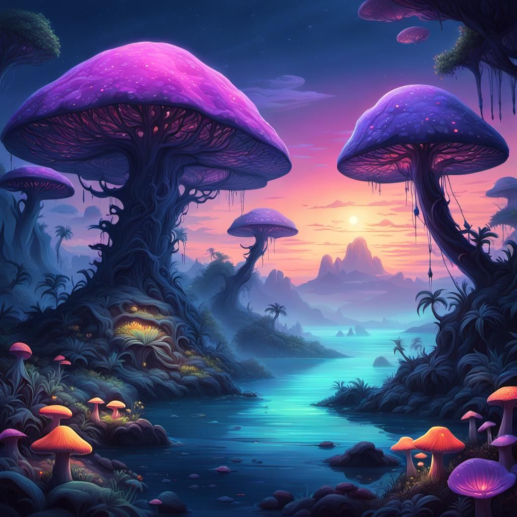 Bioluminescent Archipelago Landscape in Detailed Matte Paint...