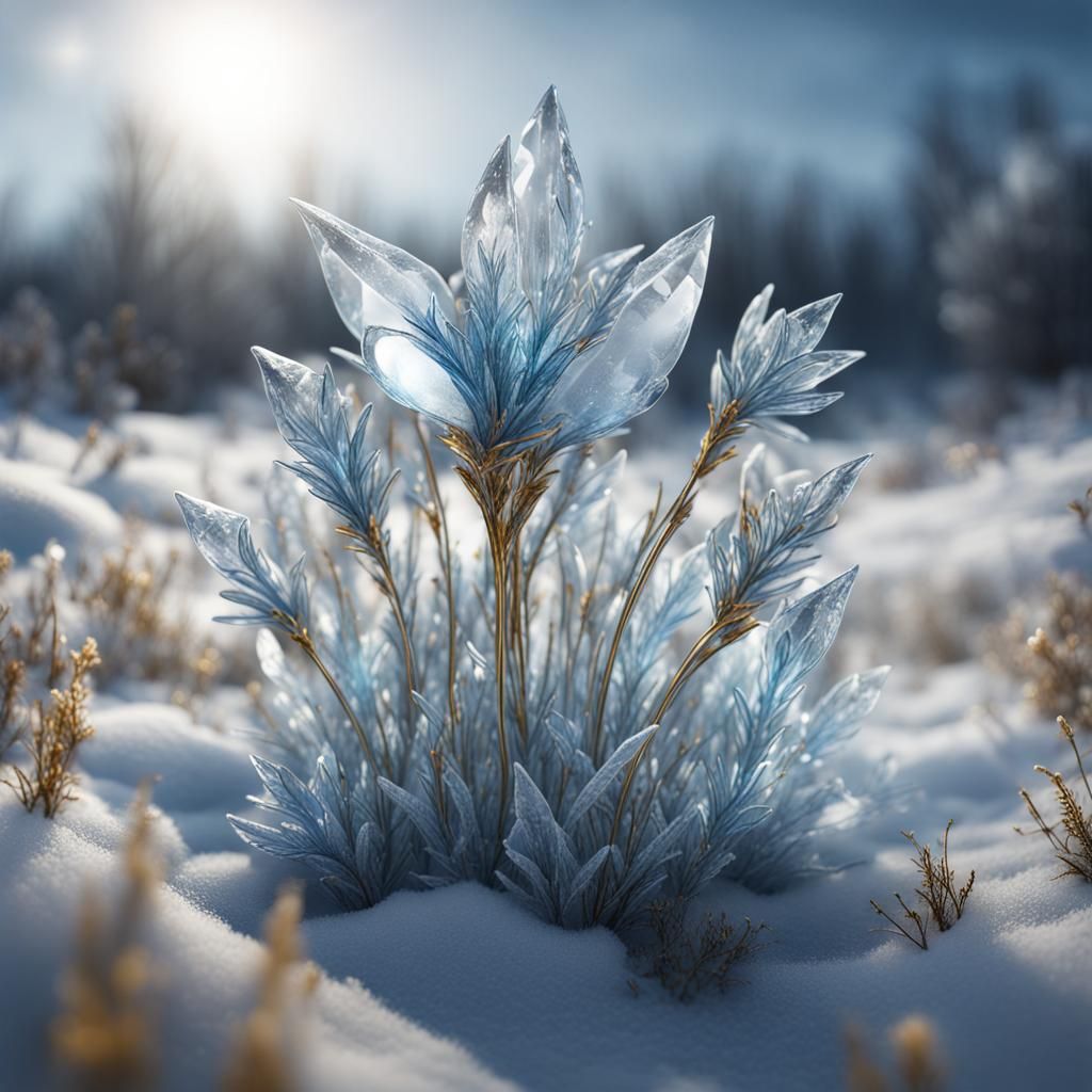 Ice Flowers on Winter Field in Detailed Matte Painting