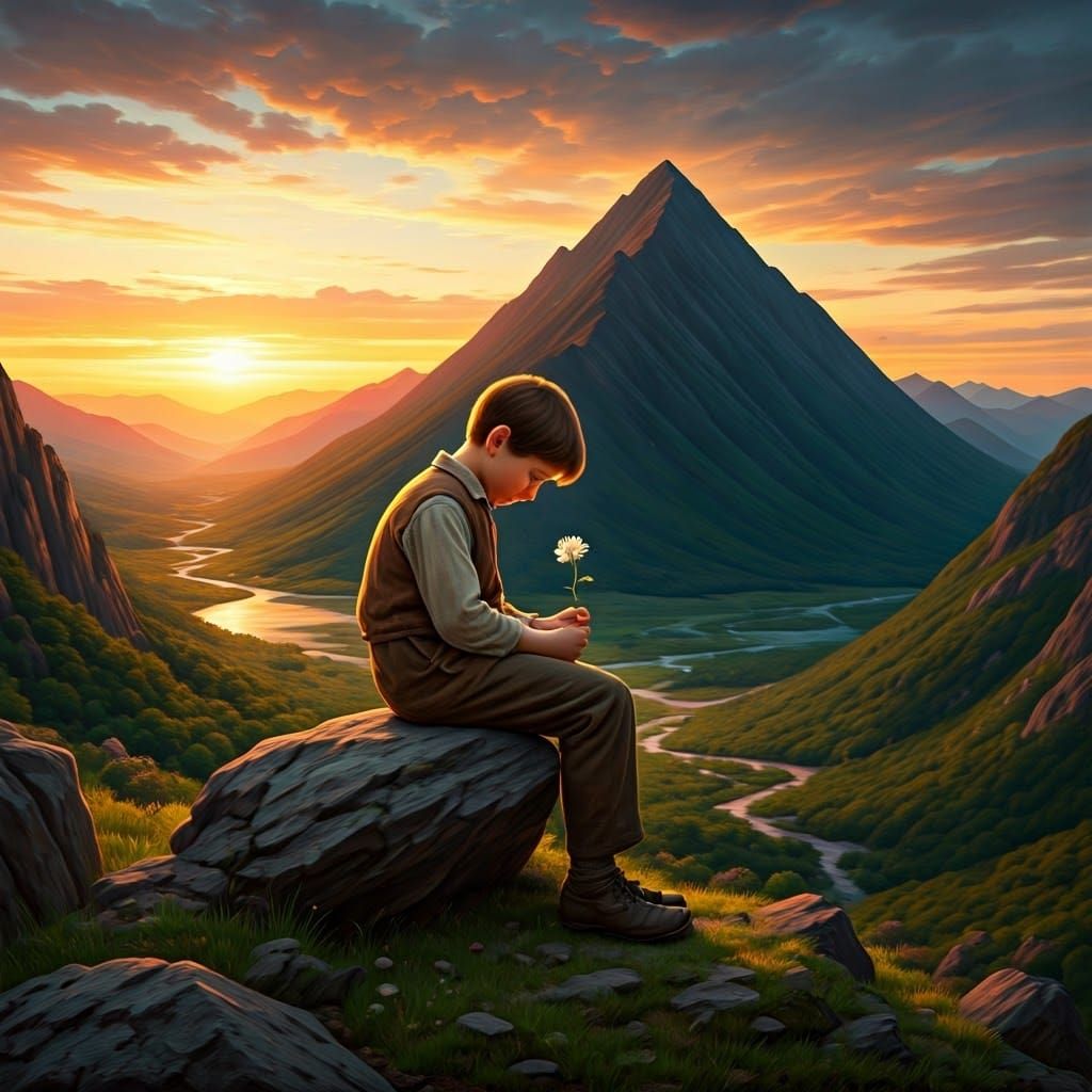 Boy with Flower on Mountain Peak in Realist Style