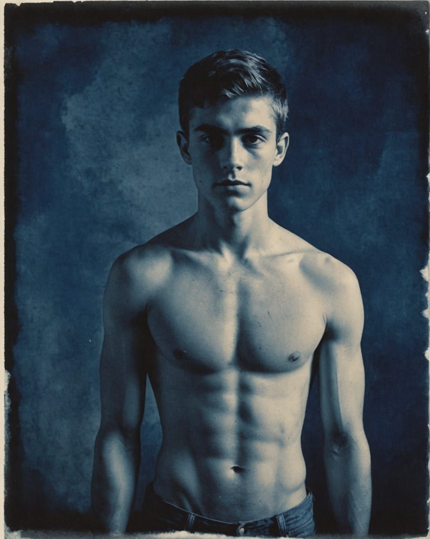 Cyanotype Portrait of a Young Man with Strong Shadows