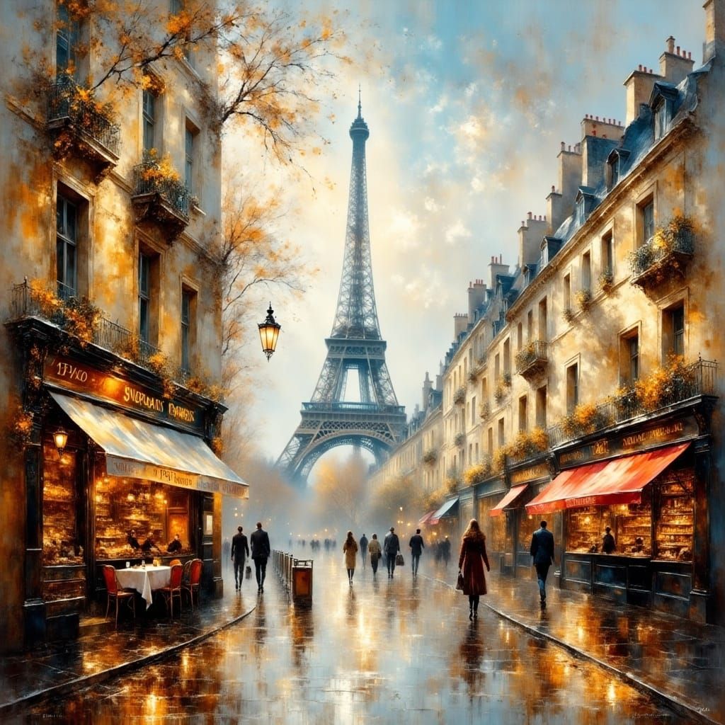 Paris Rainy Day Featuring Eiffel Tower in Oil Painting