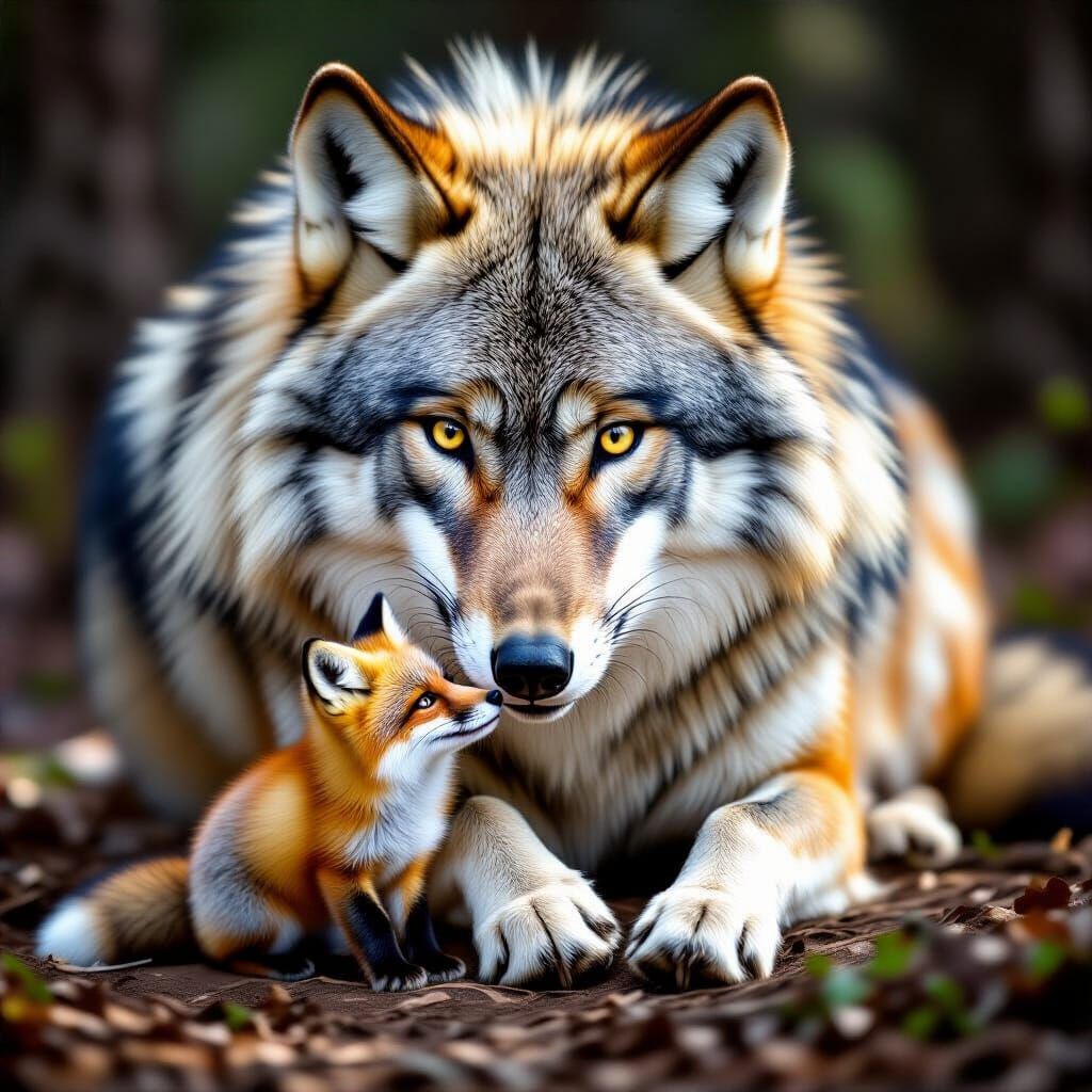 Tiny Fox Plays with Majestic Wolf in Wildlife Photo