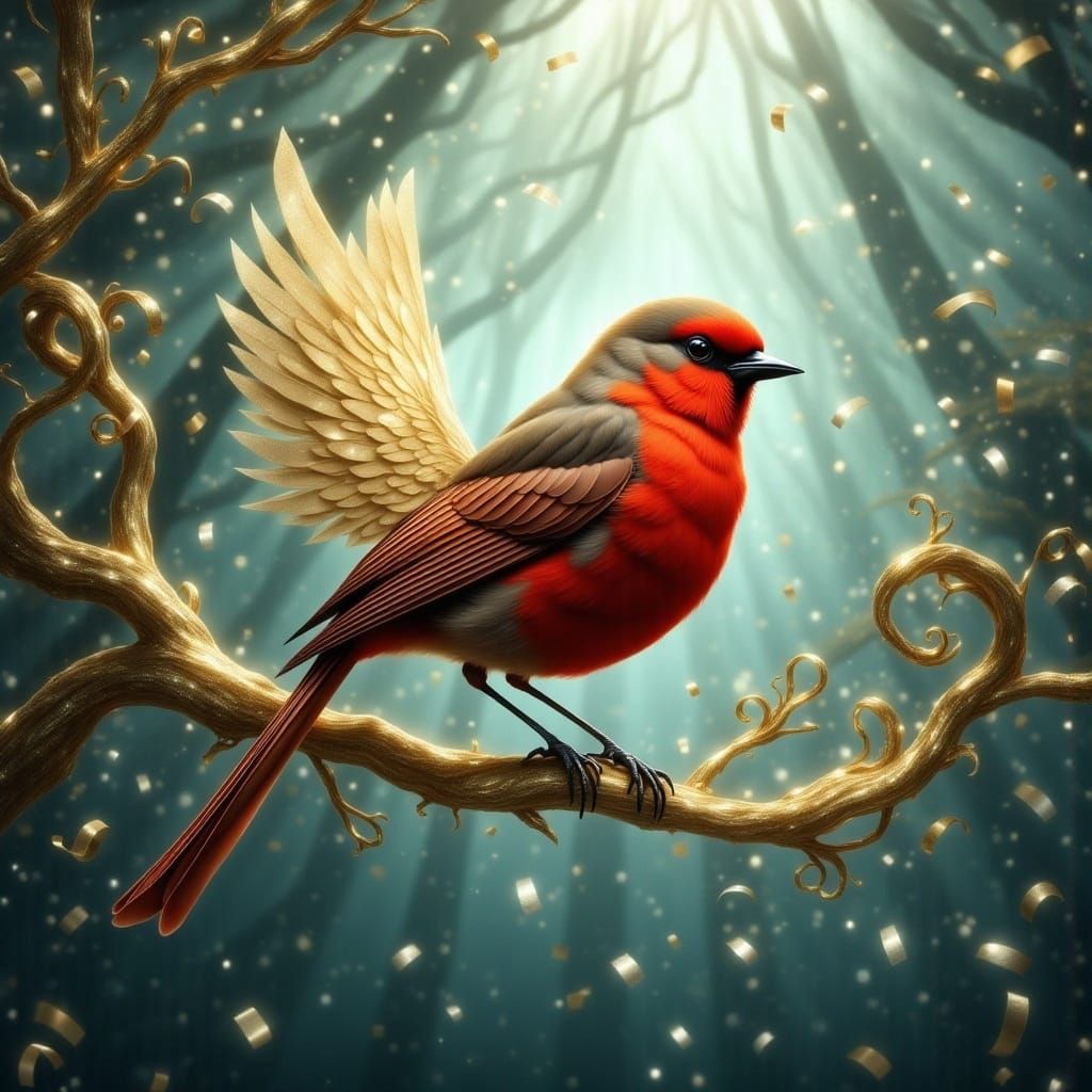 Red Robin on Golden Branch in Rococo Style
