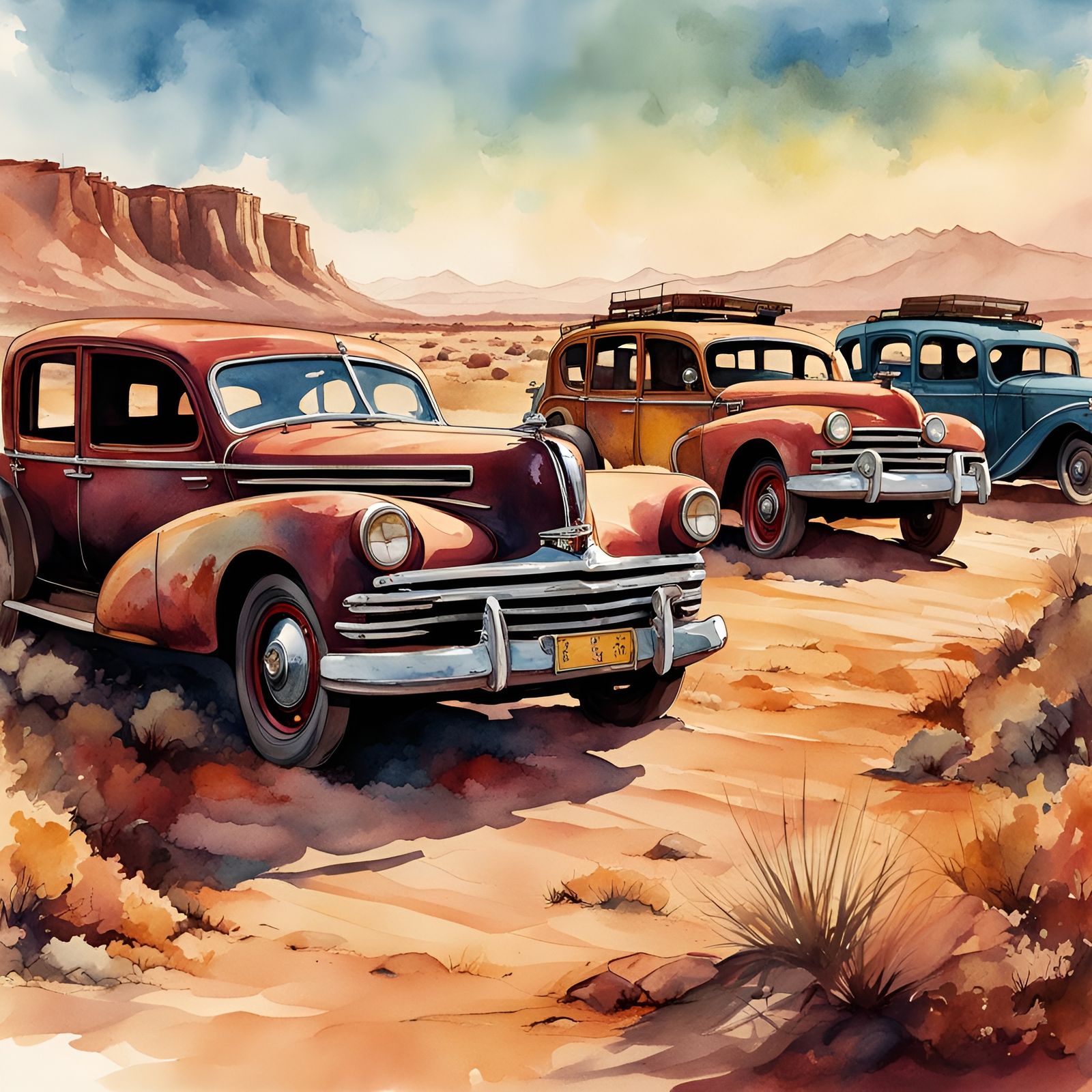 Vintage Cars Abandoned: Watercolor and Ink Illustration