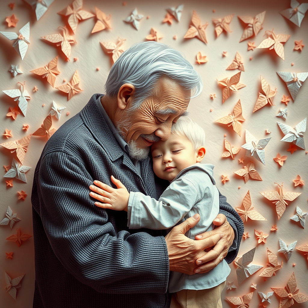 Grandfather and Granddaughter in Japanese Paper Art Style