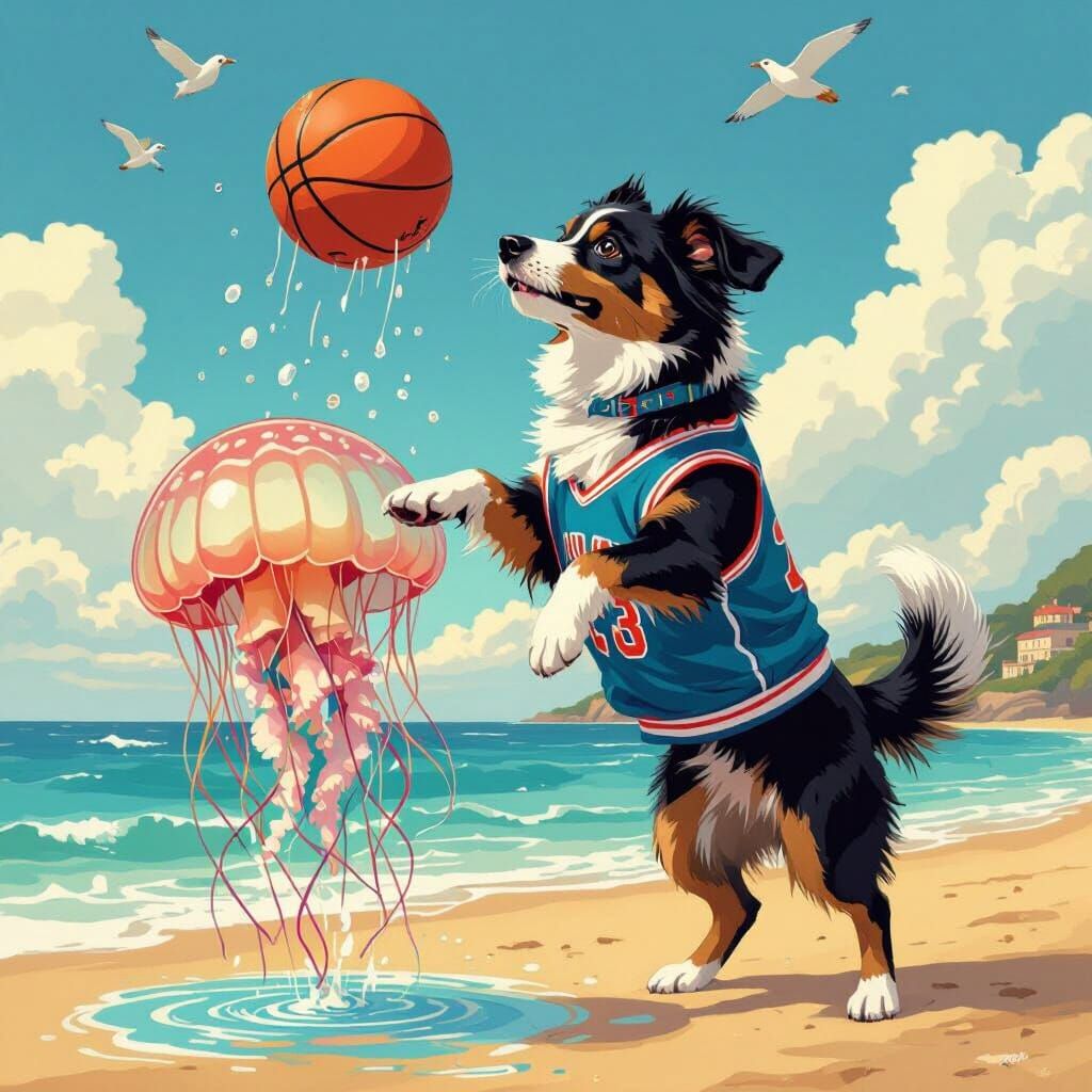 Dog Dunks on Jellyfish in Whimsical Seaside Art