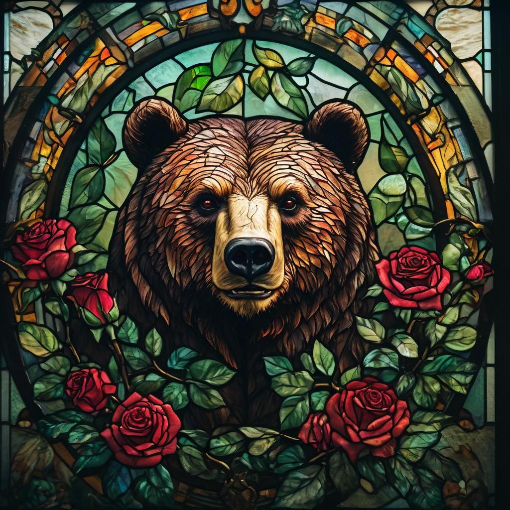 Colorful stained glass with a bear's face with roses on vines