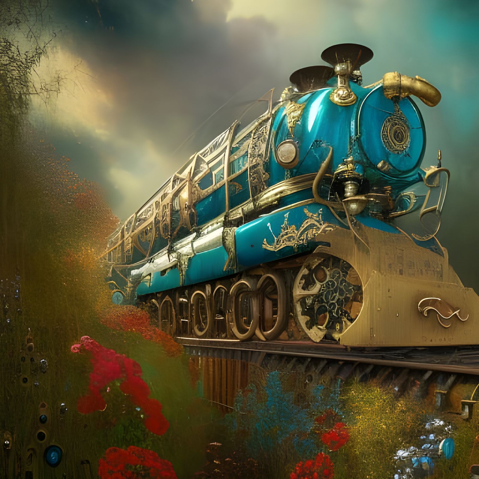 Intricate Steampunk Train with Bronze Filigree