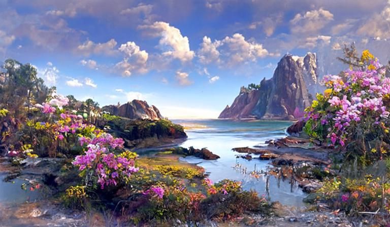 Sunny Estuary Vista with Tropical Flowering Trees