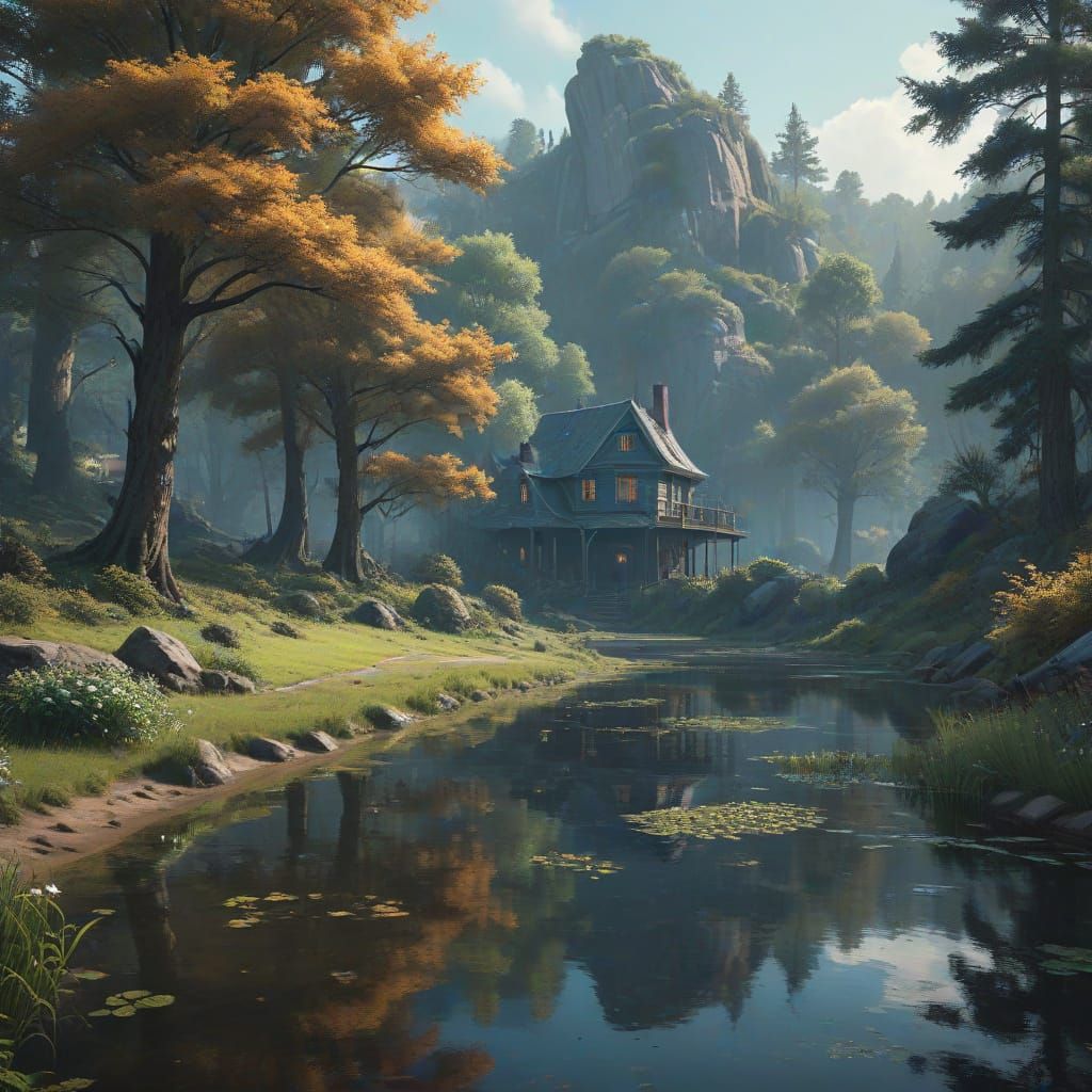 Serene Fantasy Landscape with Tranquil Pond and Perfect Symm...