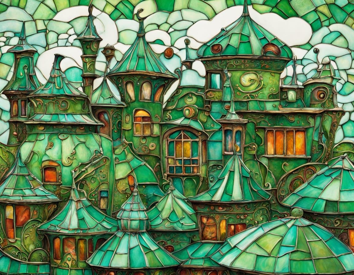 Art Nouveau Green Rooftops in Verdant Sky
