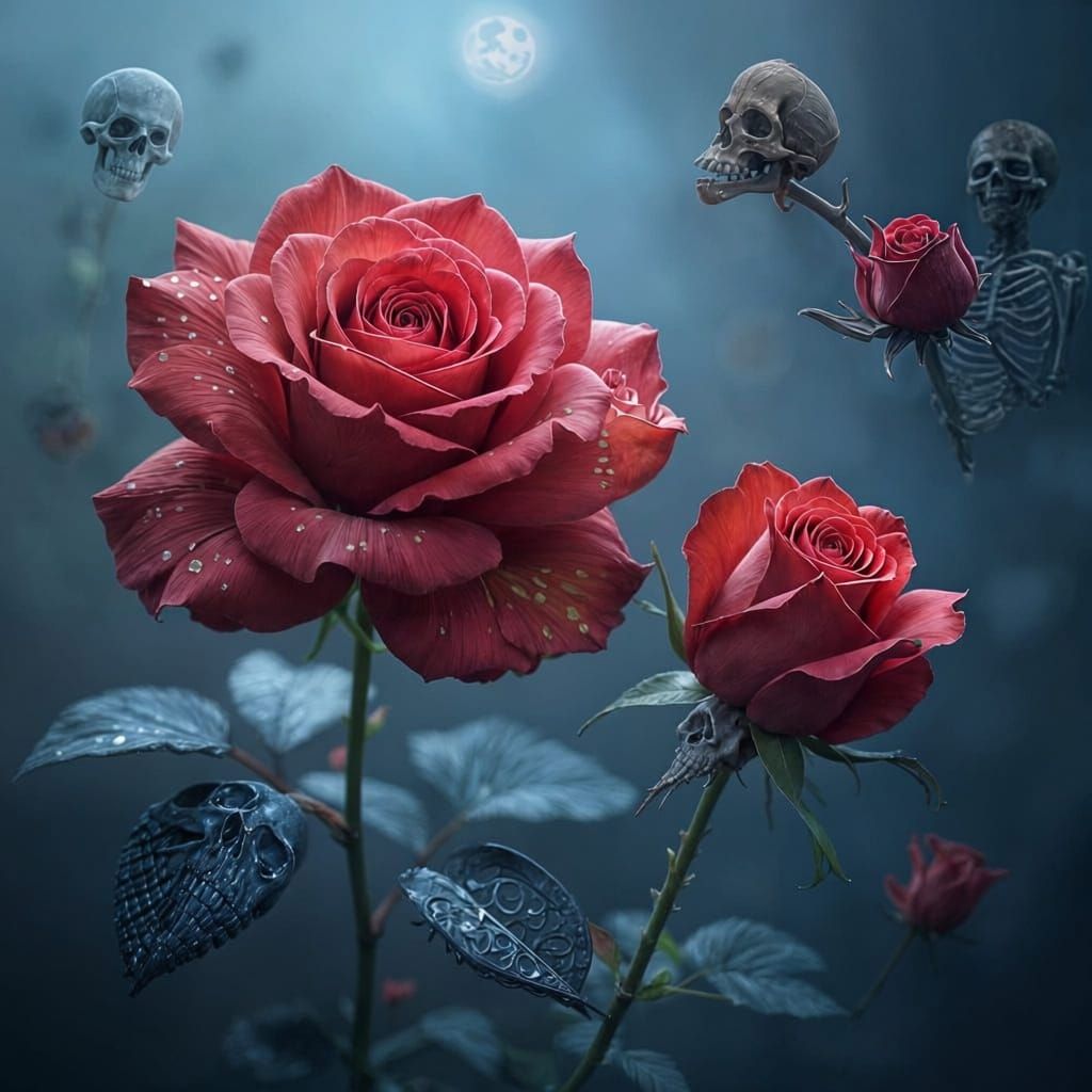 Elegant Red Rose in Full Bloom and Decaying Rose