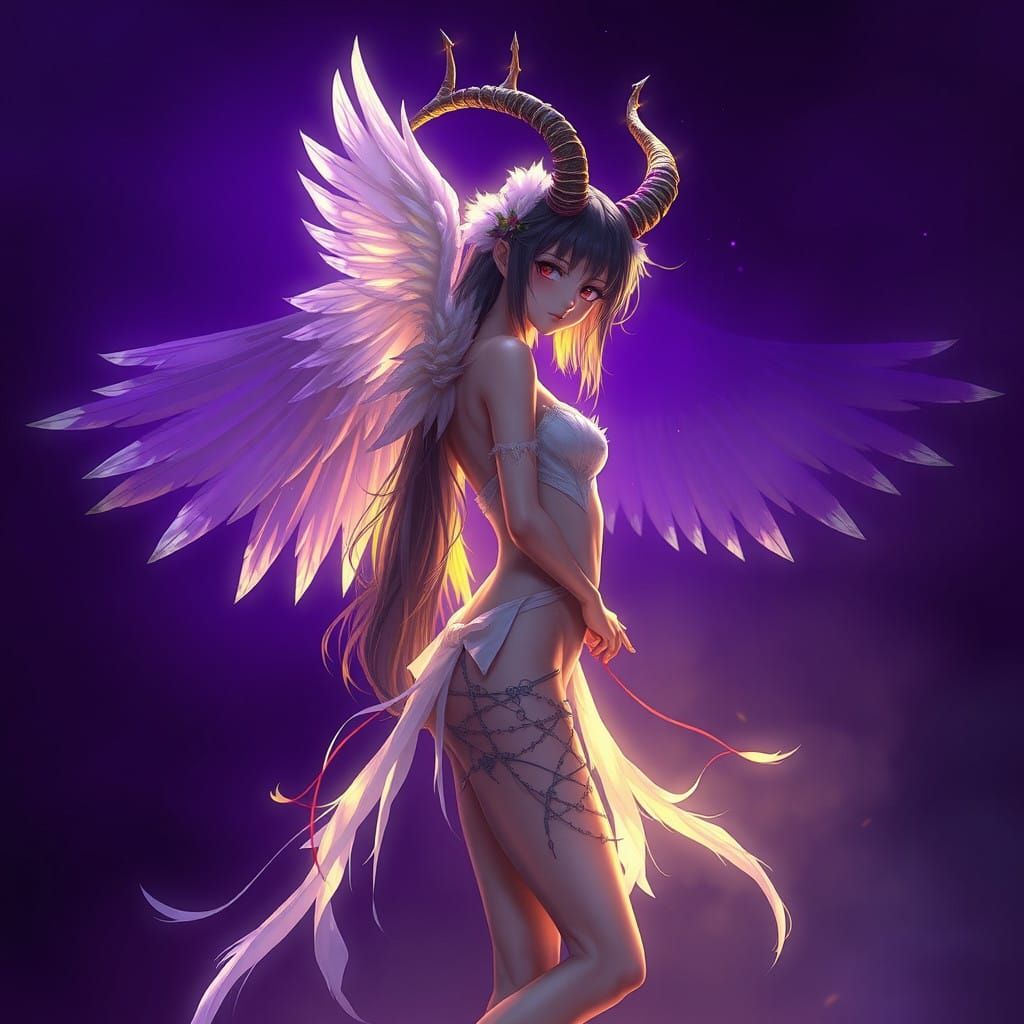 Enchanting Dark Fantasy Anime Girl with Wings and Horns