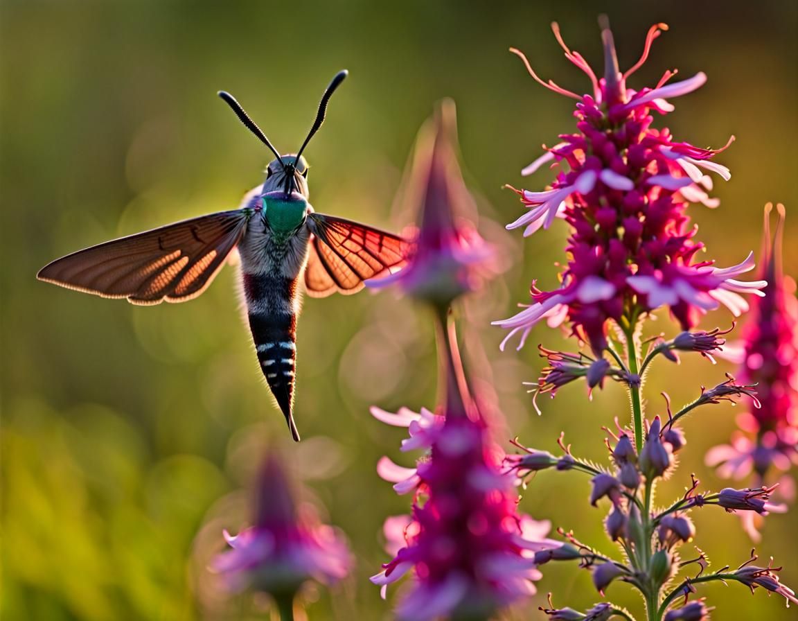 Hummingbird Hawk-Moth Pollinating Bee Balm: Macrophotography