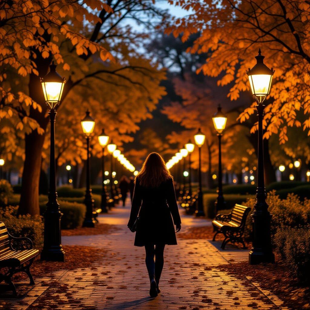 Autumn Evening Stroll in Park: Cinematic Film Still