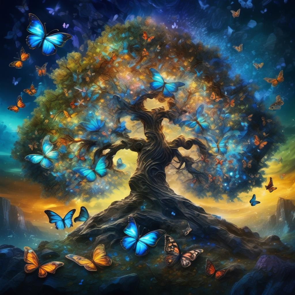 Miniature Tree with Butterflies in Photopoetic Style