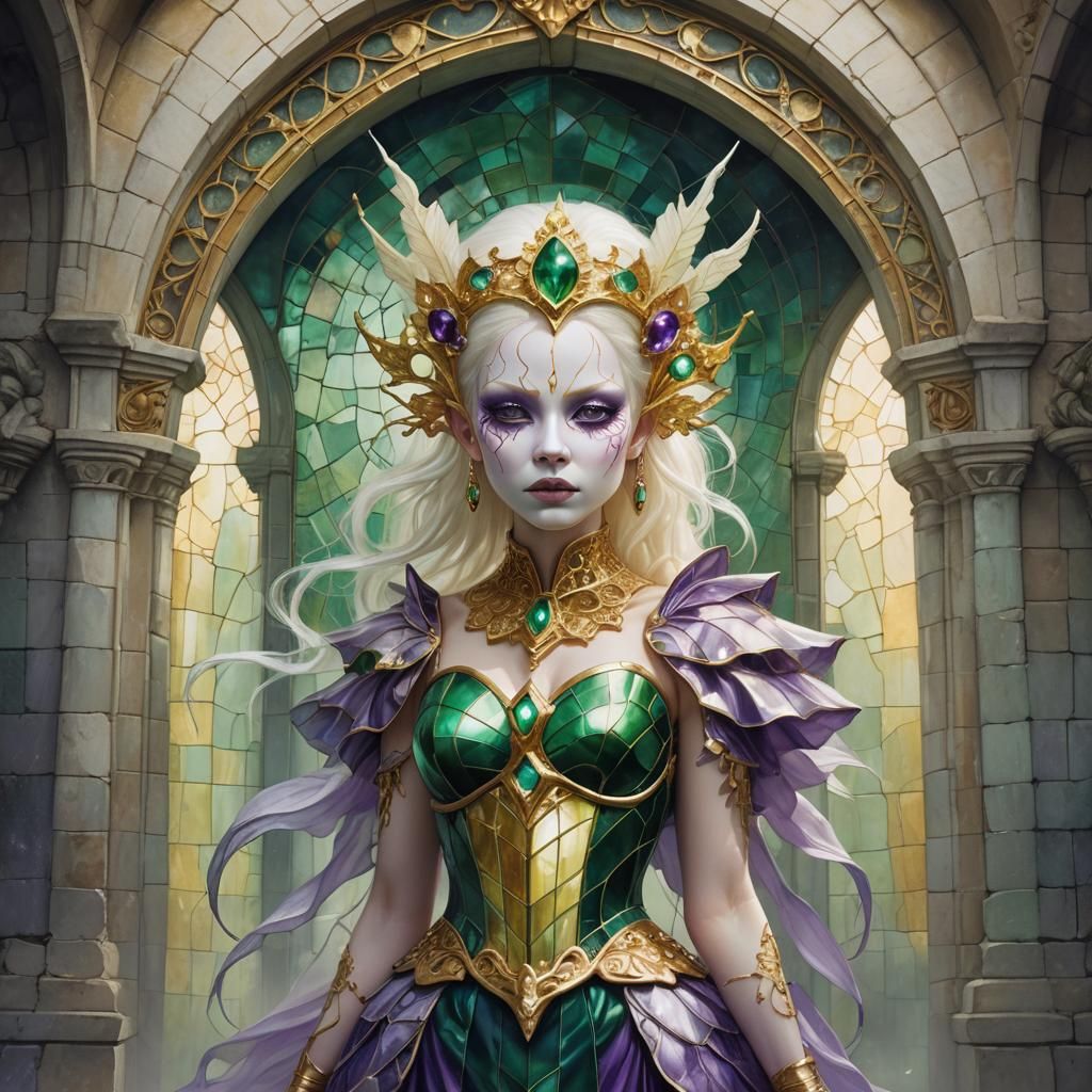 Biomechanical Fairy Under Stone Arch in Fantasy Forest