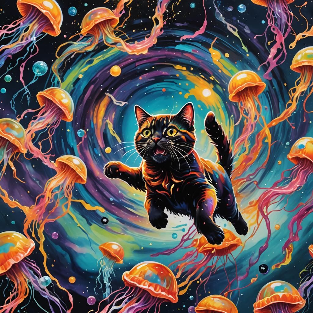 Cosmic Graffiti: Glass Cat in Jellyfish School