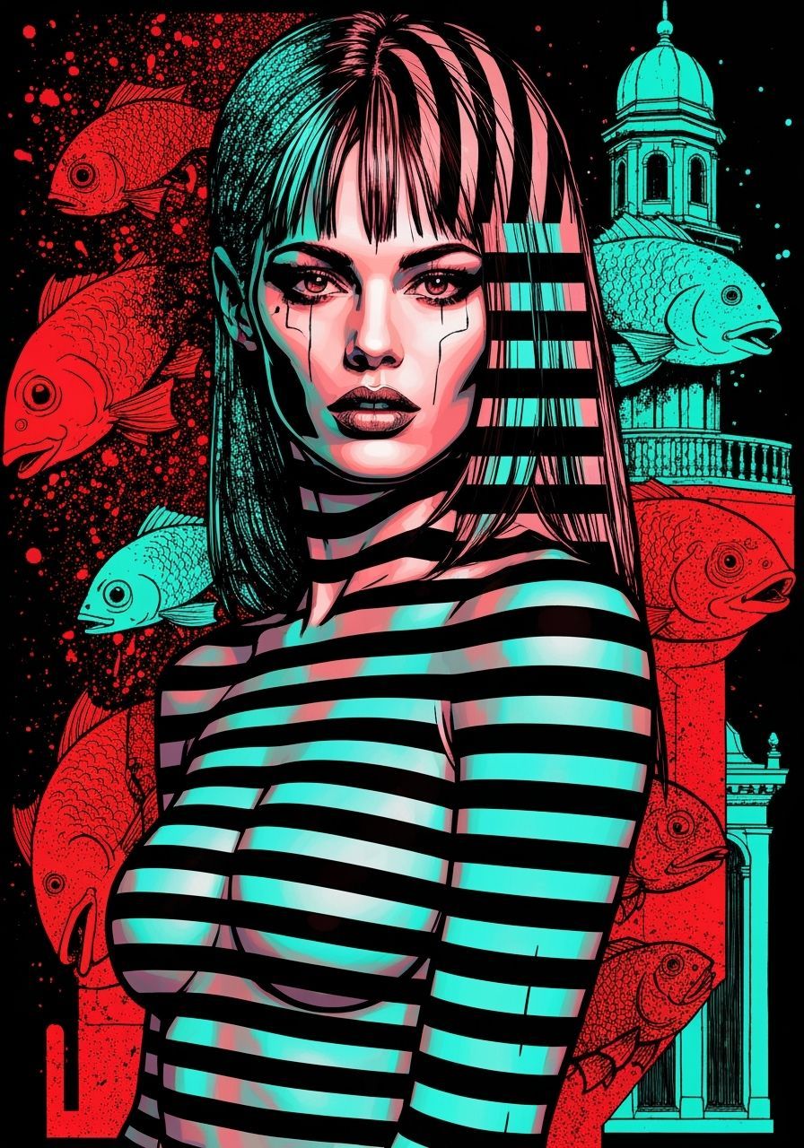 Splatterpunk Portrait of Woman with Striped Hair and Body