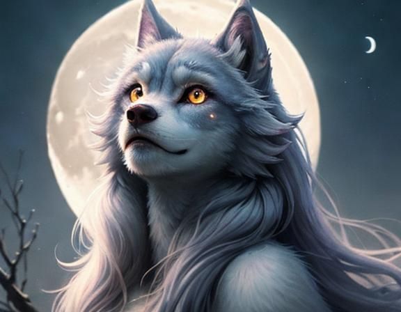 Surreal Pastel Portrait of a Female Werewolf in Moonlit Sere...