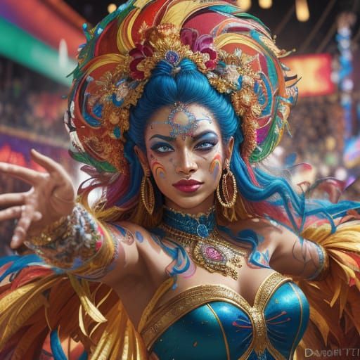 Vibrant Carnival Dancer in Whimsical Rio-Inspired Setting