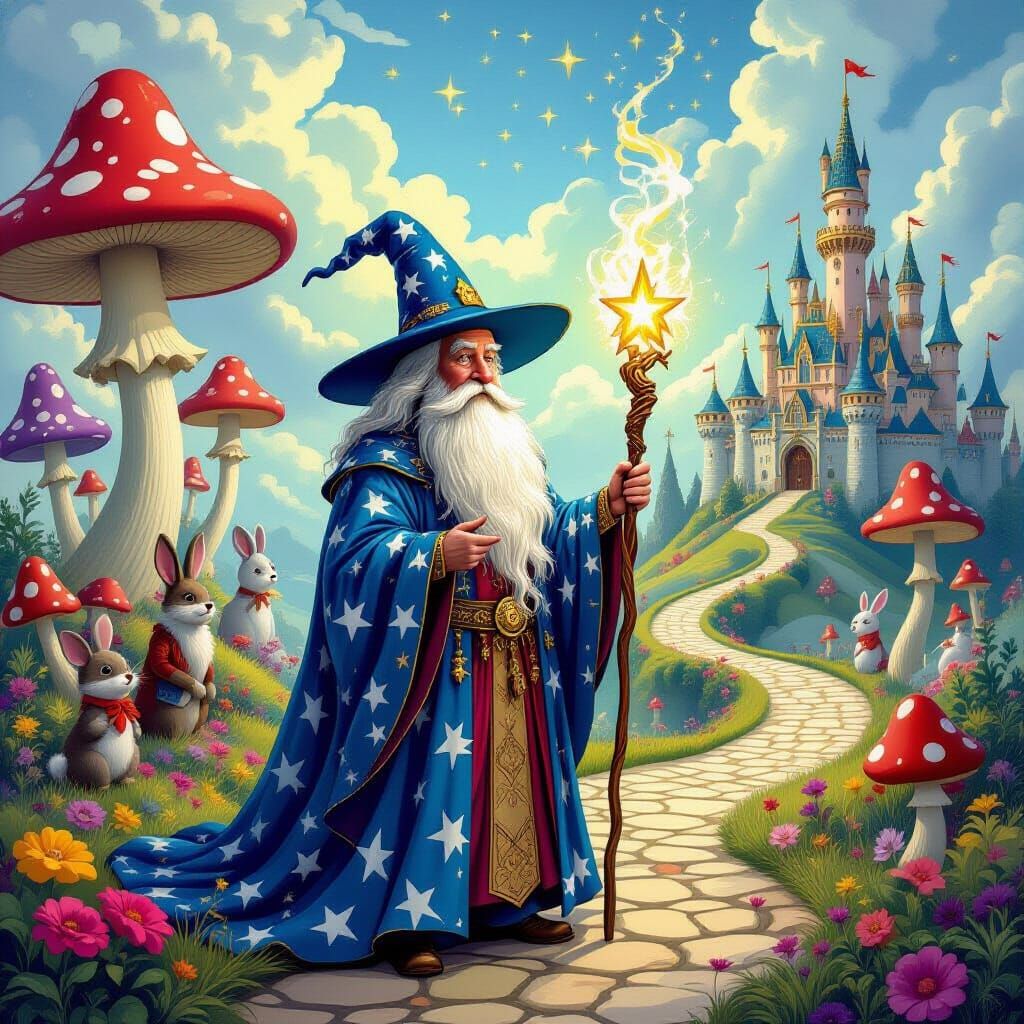 Wise Wizard in Surreal Wonderland Landscape