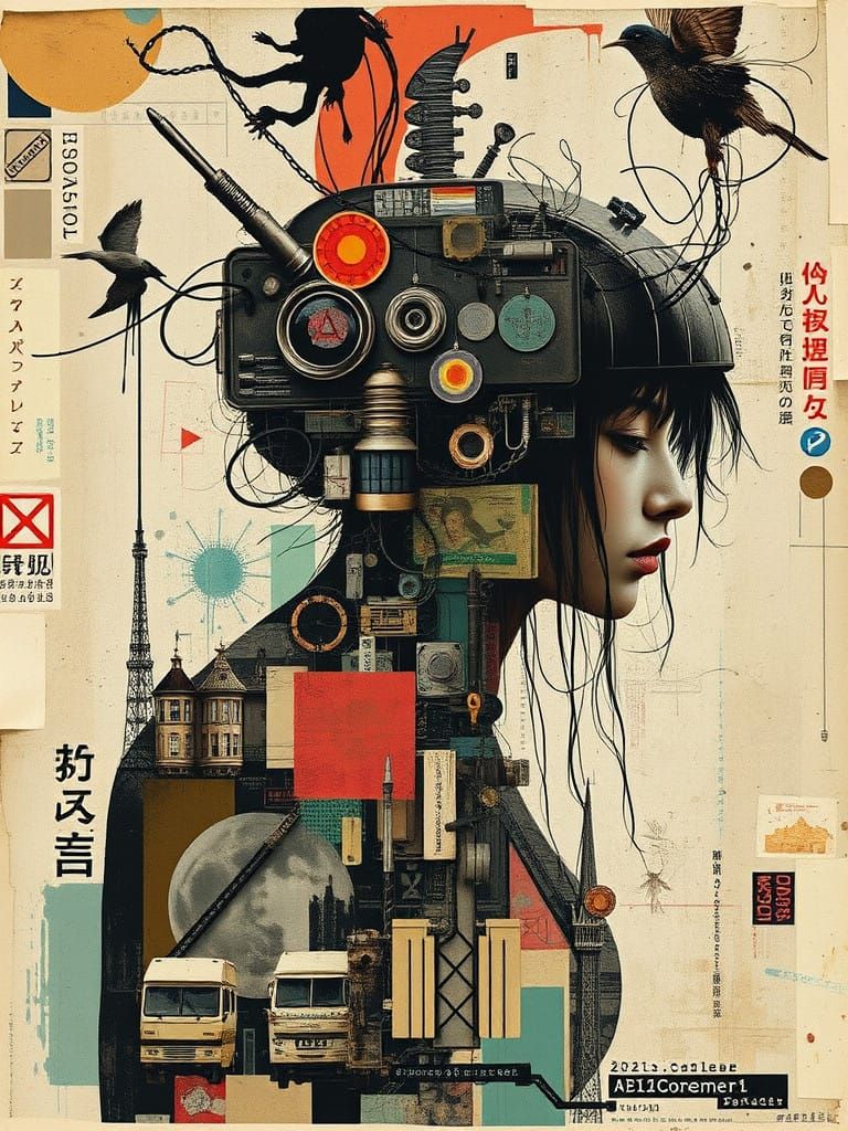 Vibrant Biopunk Cityscape in Collagepunk Style