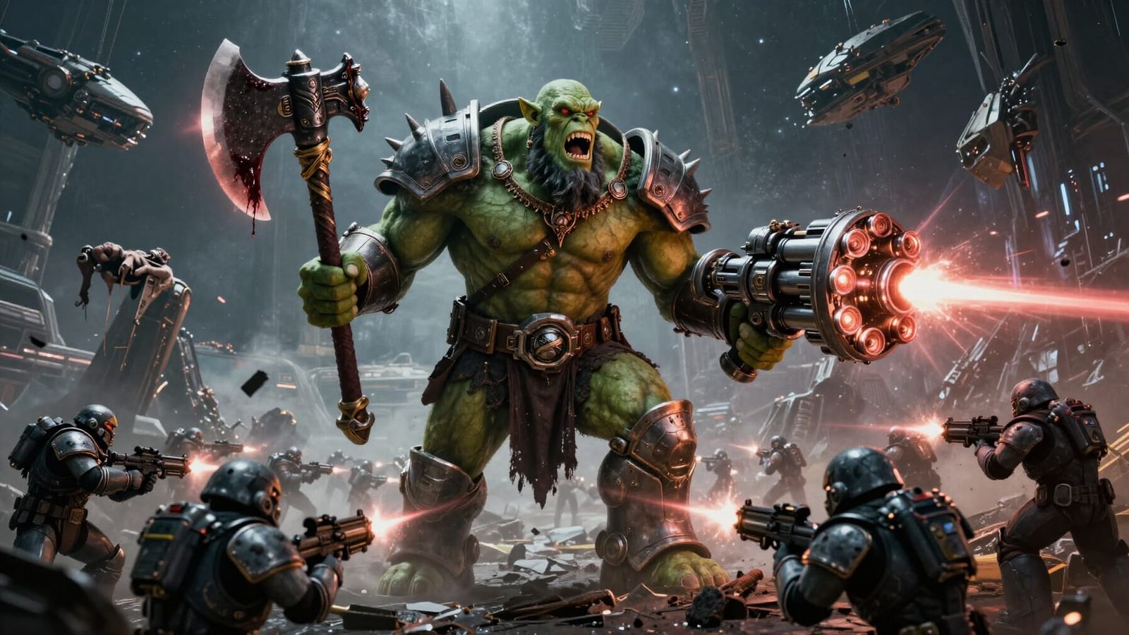 Epic Space Orc Warlord Screaming Battle Cry in Cinematic Sty...