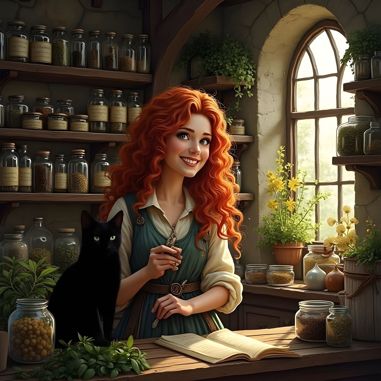 Charming Female Herbalist in Medieval Apothecary
