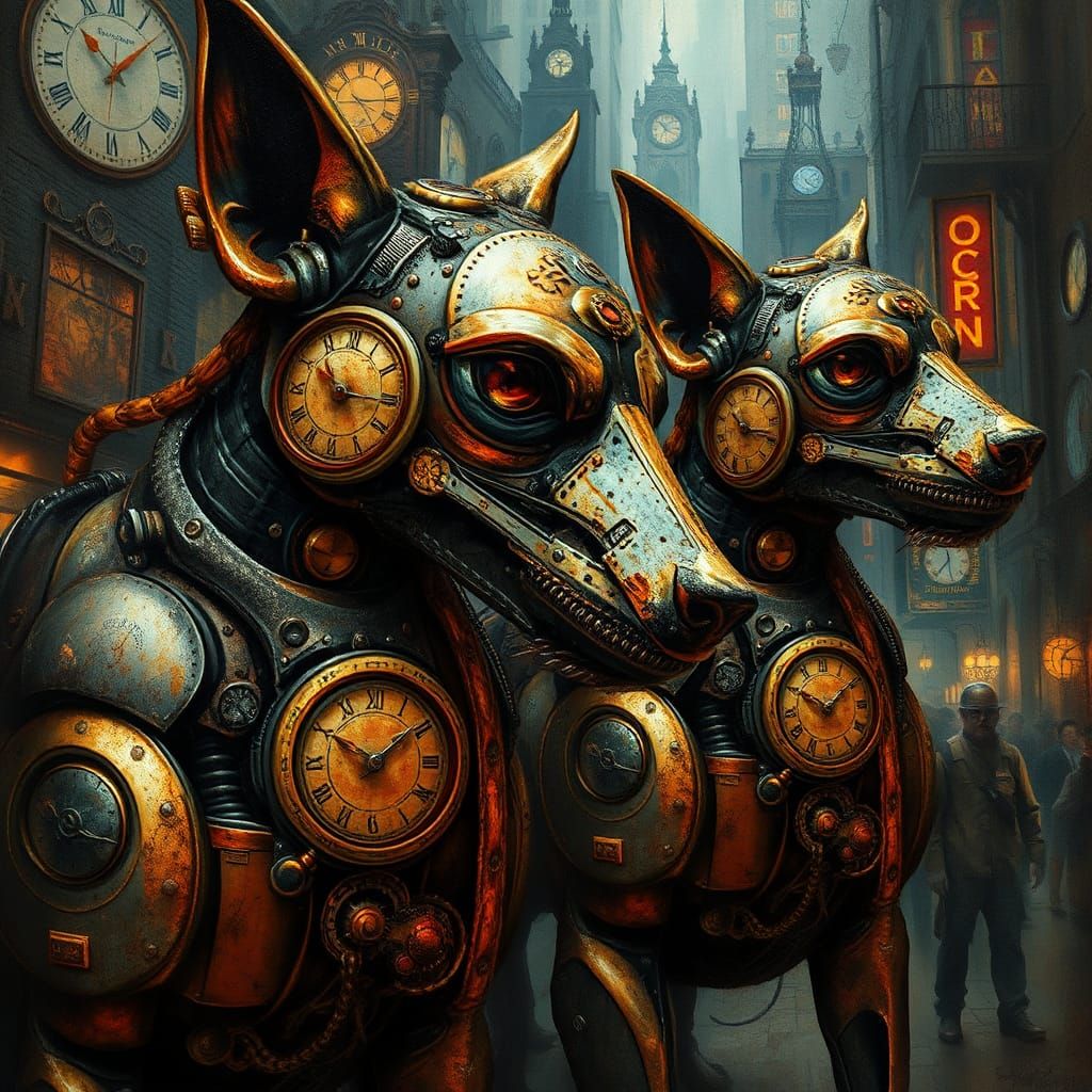 Steampunk Clockwork Dogs in Hyperrealistic Cityscape