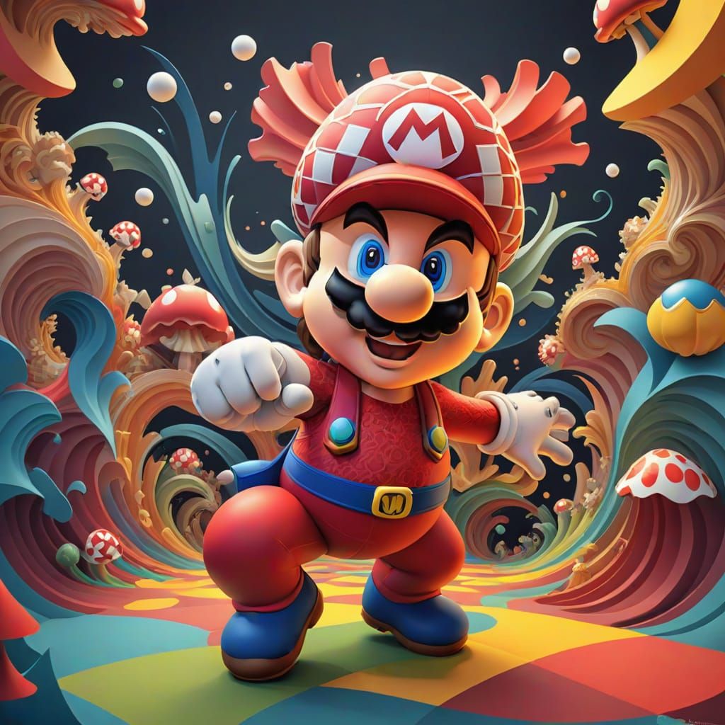 Abstract Vector Fractal of Super Mario in Gouache