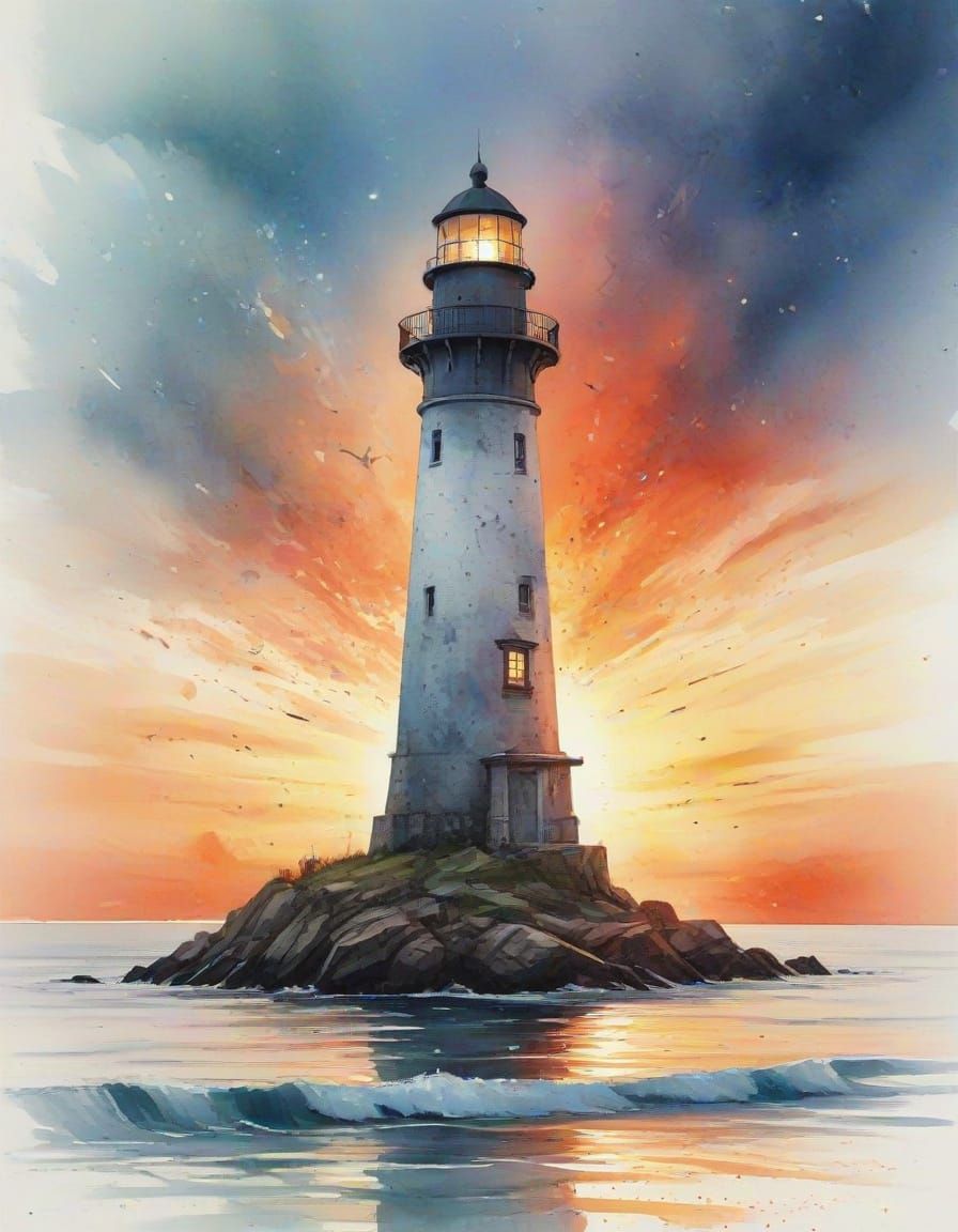 Watercolour Lighthouse Sunset With Ethereal Atmosphere