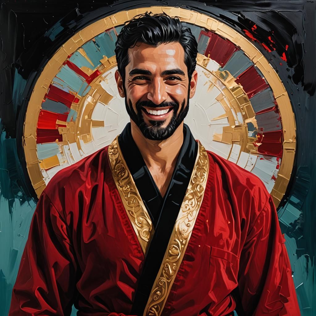 Radiant Portrait of Man in Red Robe, Neo-Expressionist Style