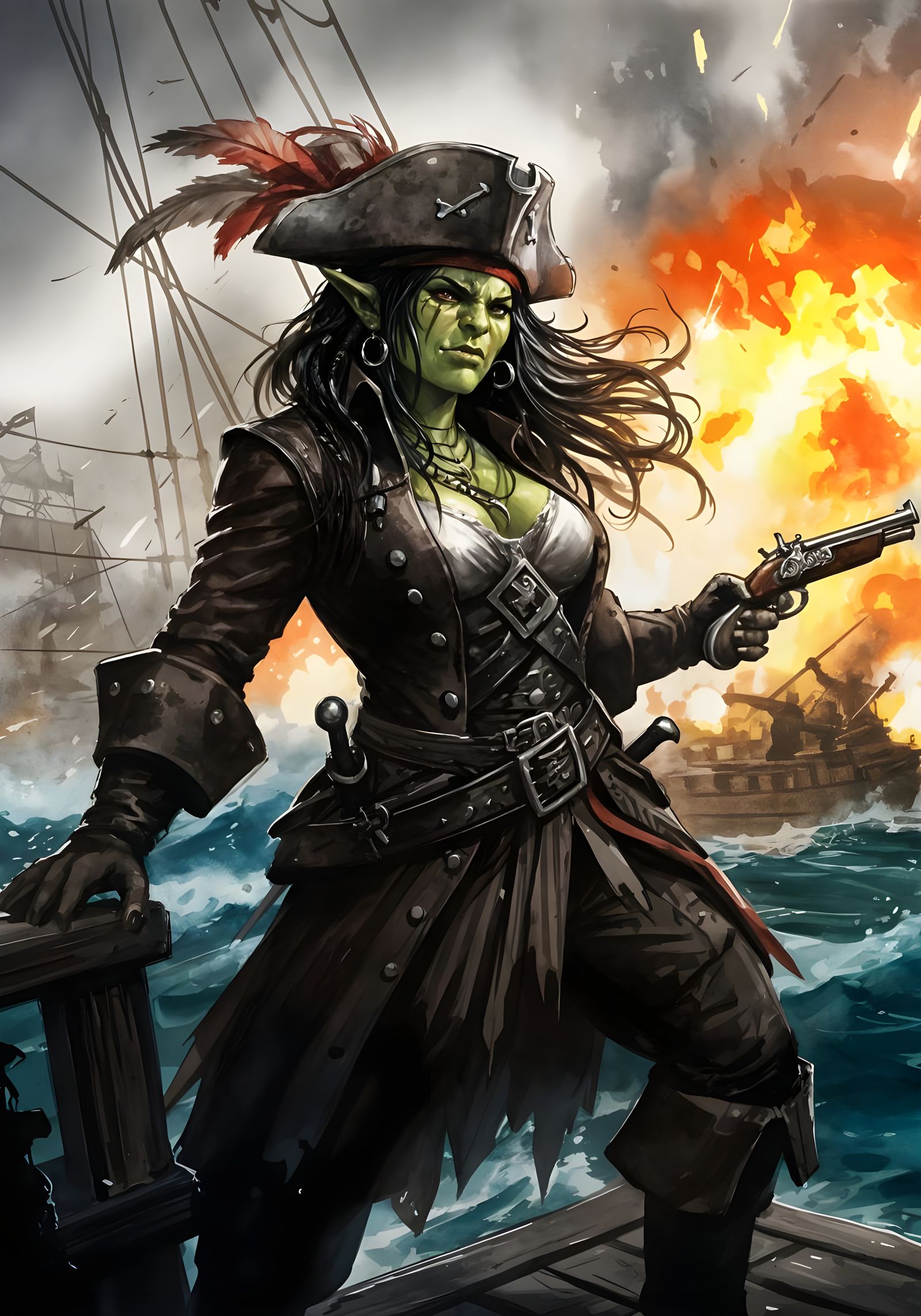 Female Orc Pirate Fires Pistol on 17th Century Galleon