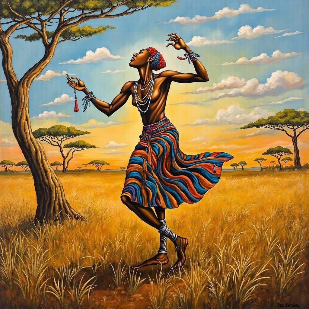 Vibrant African Dancer in Serengeti, Afrofuturism Style