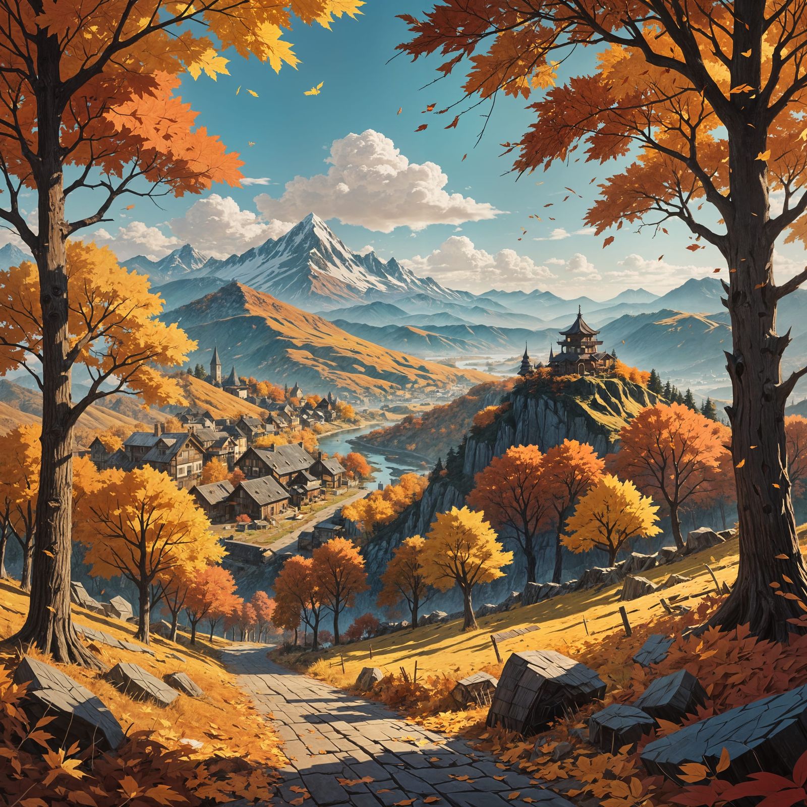 Autumn Collage Landscape in Anime Style