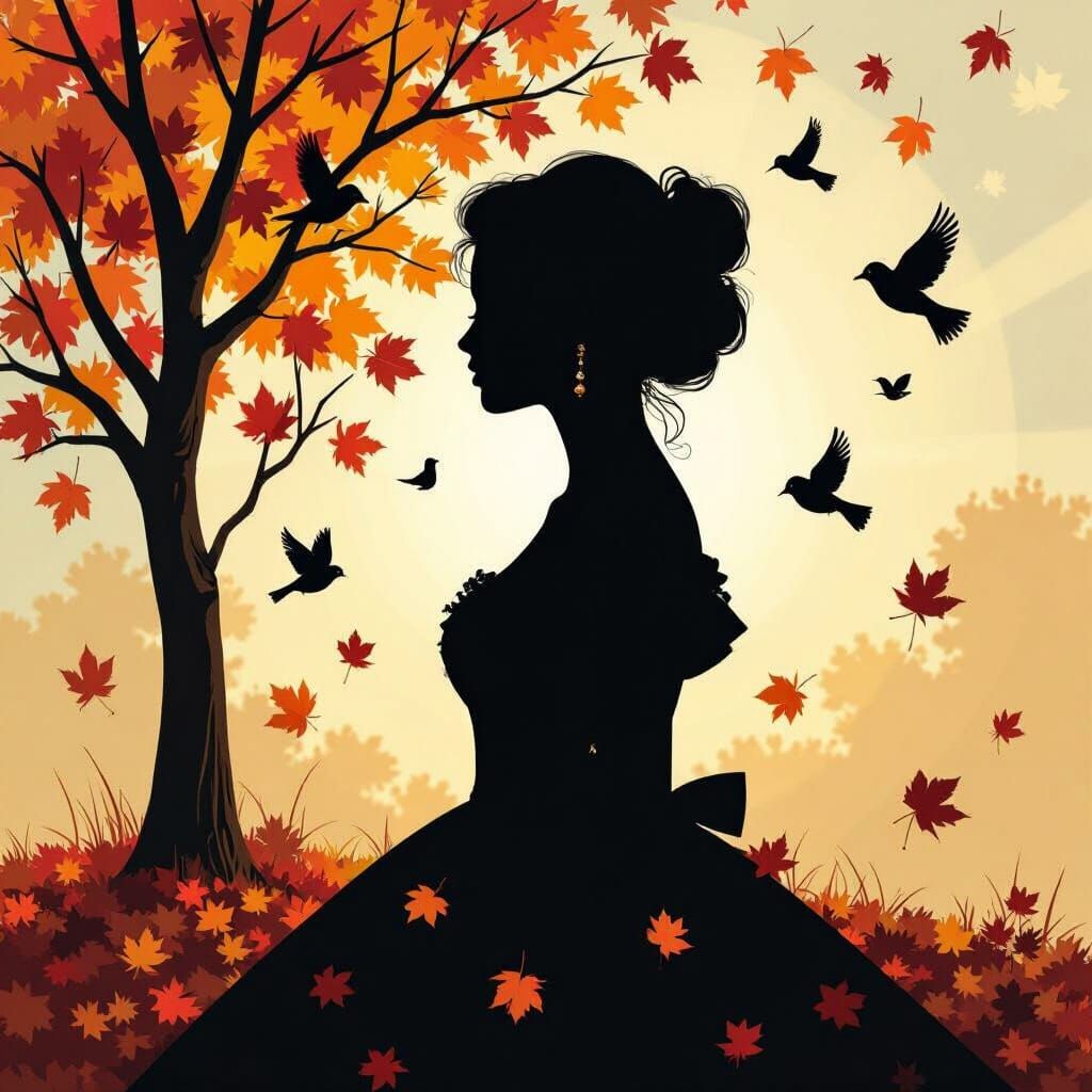 Woman Silhouette Against Autumn Tree in Old Masters Style