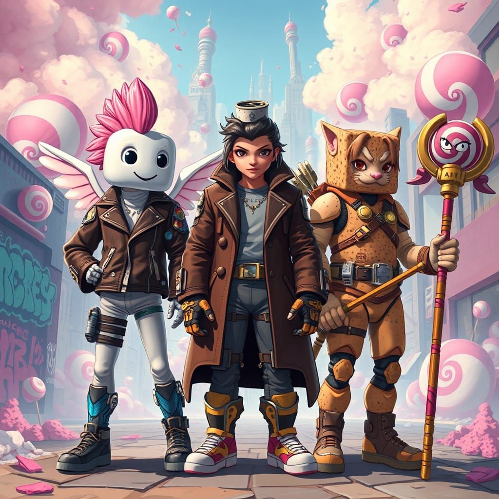 Dessert Rebels in Graffiti City, Futuristic Comic Style