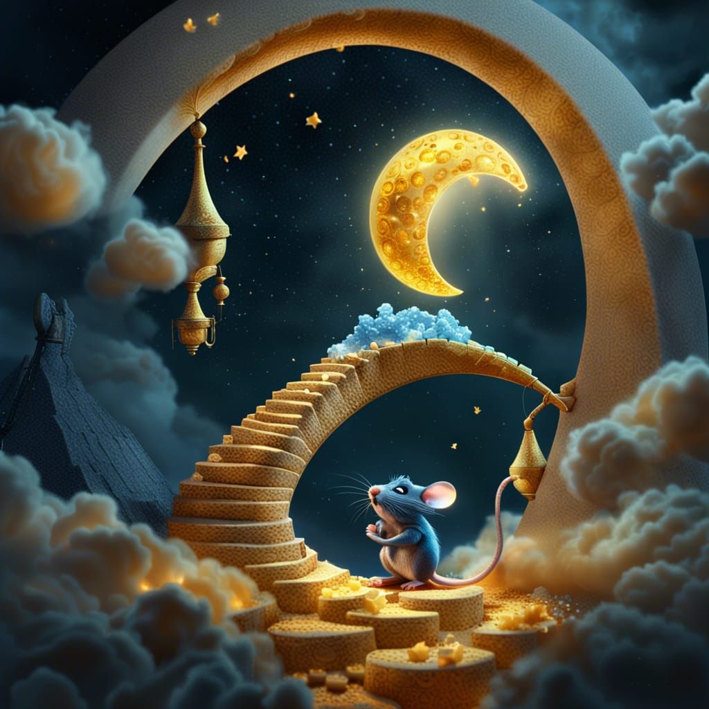Mouse on Cheese Stairway Under Golden Rain