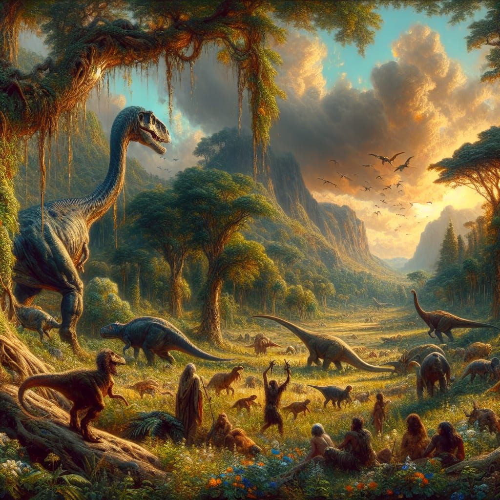 Dinosaurs and Humans: A Renaissance-Style Painting