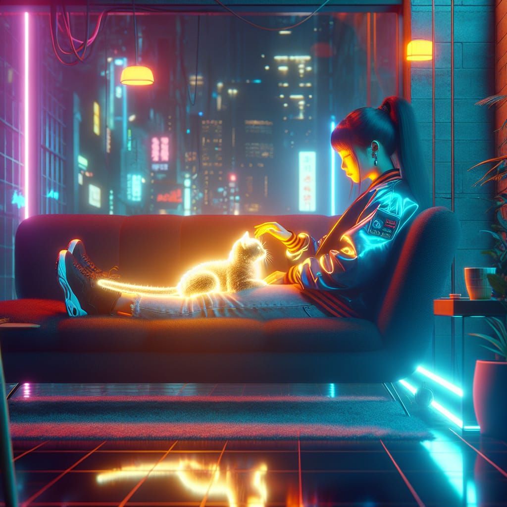 Cyberpunk Hacker and Her Luminous Cat
