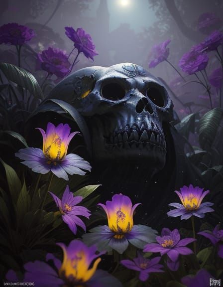 Dark Fantasy Garden with Sugar-Skull Flowers
