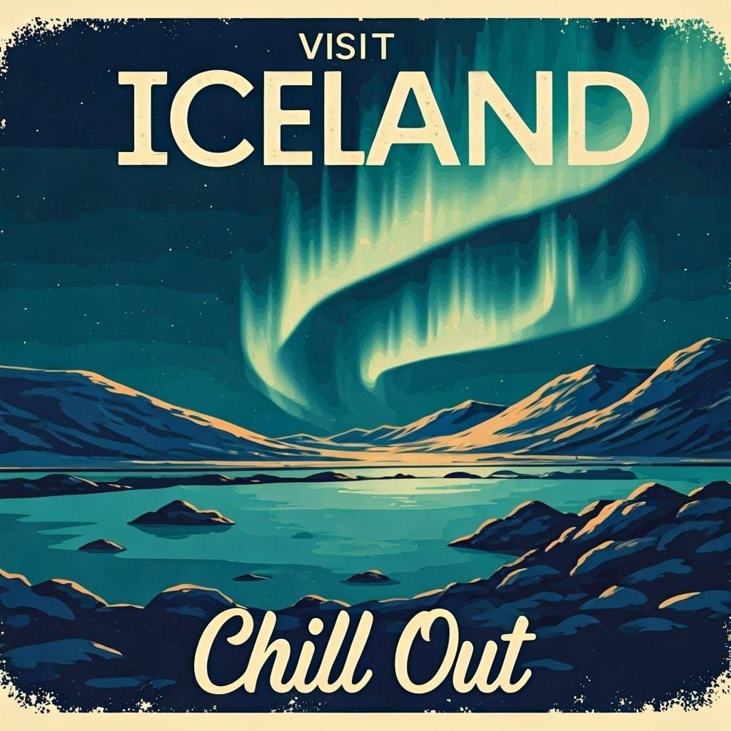 Vintage Iceland Travel Poster with Northern Lights