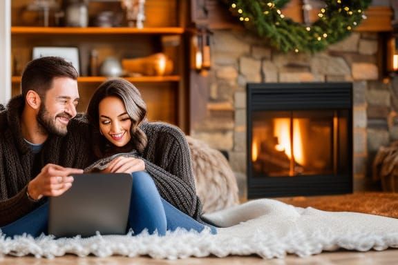Cozy Couple Snuggling by Fireplace in Log Cabin