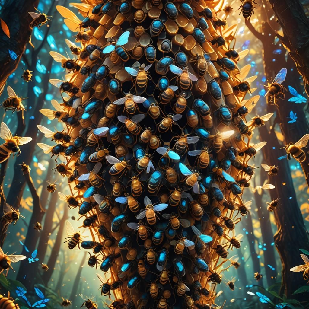 Triangle Bees Hovering Around Iridescent Hive